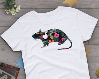 May include: White t-shirt with a black silhouette of a rat with a floral pattern and a white heart in the center.