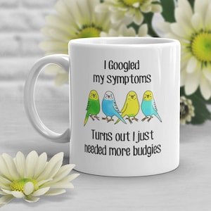 Budgie Coffee Mug, Cute Bird Gift, Pet Parrot Lover, Funny Gift for Her, Him, Green Blue Yellow Parakeet Cup, Bird Mom, Dad, Budgerigar