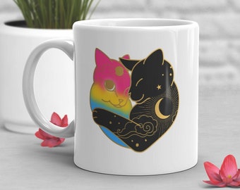 Pansexual Pride Coffee Mug, Pan Flag Gift, LGBT Mug, Gift for Her, Him, Moon Cat Heart, Gay Pride Month Festival, LGBTQIA, Subtle, Discreet