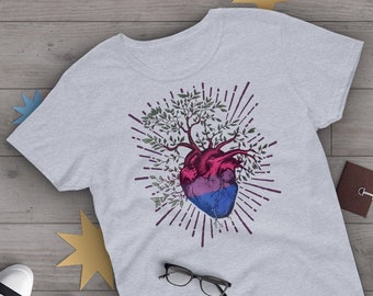 Bisexual Pride Shirt, Women Men, Bi Pride Gift, LGBT T-shirt, Gay Pride Graphic Tee, Bisexuality Tops, Clothing, Heart Tree of Life, Bi Flag