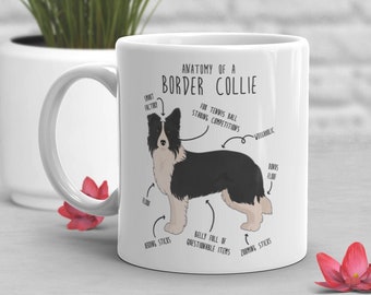 May include: White ceramic mug featuring a black and white illustration of a Border Collie dog. The illustration is labelled with humorous anatomical features, such as "Snout Factory" and "Belly Full of Questionable Items". The text "Anatomy of a Border Collie" is printed at the top of the mug.