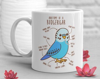 Budgie Coffee Mug, Cute Bird Gift, Pet Parrot Lover, Funny Gift for Her, Him, Blue Parakeet Anatomy Cup, Bird Mom, Dad, Budgerigar Anatomy