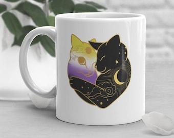 Kubek na kawę z okazji Dnia Niebinarnego, prezent z okazji Dnia Dumy dla Niebinarnych, LGBT, Moon Cat Heart, Festiwal Dumy Gay Pride, LGBTQIA, Enby, Transpłciowość, Transpłciowość, Subtelność