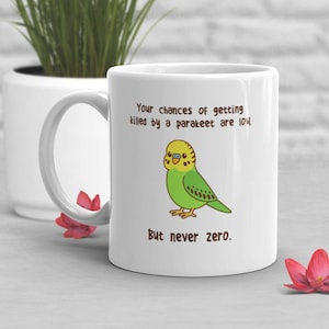 Parakeet Coffee Mug, Cute Bird Gift, Pet Parrot Lover, Funny Gift for Her, Him, Green Budgie Cup, Bird Mom, Dad, Budgerigar Meme Never Zero