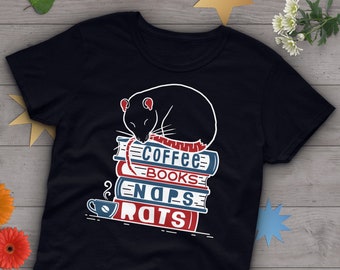 May include: Black t-shirt with a graphic of a rat sleeping on a stack of books. The books are labeled "Coffee", "Books", "Naps", and "Rats".
