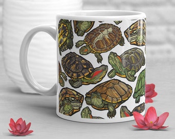 Red-Eared Slider Turtle Coffee Mug, Cute Reptile Lover Gift, Funny Pet Tortoise Mug, Gift for Him, Her, Turtle Mom Dad, Terrapin Cup
