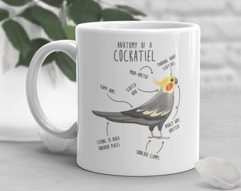 Cockatiel Coffee Mug, Cute Cockatiel Gift, Parrot Lover, Funny Gift for Her, Him, Bird Cup, Parrot Dad, Mom, Grey Gray Tiel Anatomy