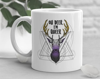 Kubek na kawę z okazji Dnia Niebinarnego, prezent dla osób niebinarnych, Oh Deer, jestem queer, LGBT, Festiwal Dumy Gay, LGBTQIA, Flaga NB, Enby, Transpłciowość, Trans