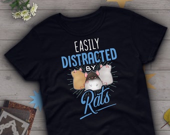 May include: Black t-shirt with a blue graphic that says "Easily Distracted by Rats" with three cartoon rats in the center.