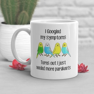 Parakeet Coffee Mug, Cute Bird Gift, Pet Parrot Lover, Funny Gift for Her, Him, Green Blue Yellow Budgie Cup, Bird Mom, Dad, Budgerigar