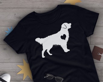 以下が含まれることがあります： 胸にハートの白いシルエットのゴールデンレトリバーが描かれた黒いTシャツ