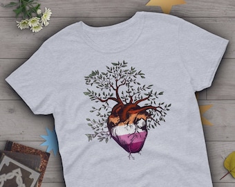 Lesbian Pride Shirt, Women, Lesbian Flag Pride Gift, LGBT T-shirt, Gay Pride Graphic Tee, Tops, Clothing, Heart Tree of Life, Sapphic