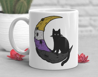 Nonbinary Pride Coffee Mug, Non-Binary Pride Gift, LGBT Mug Gift, Space Moon Cat, Gay Pride, LGBTQIA, NB Flag, Enby, Transgender, Trans