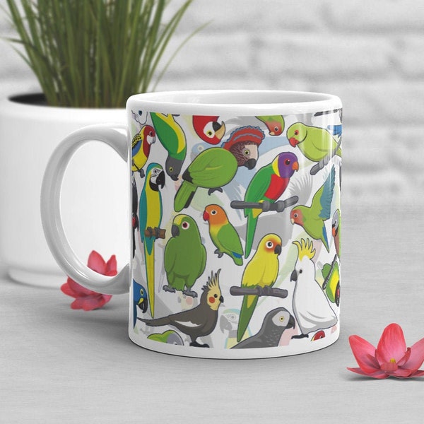 Parrot Coffee Mug, Cute Bird Gift, Pet Lover, Macaw Parakeet Cockatiel Amazon African Grey Conure Cockatoo Lovebird Lorikeet Galah Ringneck