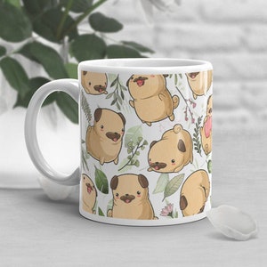 Pug Coffee Mug, Cute Pug Gift, Dog Lover, Gift for Her, Him, Housewarming, Birthday, Pug Mom, Green Leaves, Fawn Pug, Pug Decor, Pet Gift