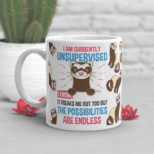 Funny Ferret Coffee Mug, Cute Ferret Gift, Ferret Lover, Funny Ferret Cup, Gift for Her, Him, Housewarming, Birthday, Currently Unsupervised