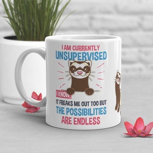 Funny Ferret Coffee Mug, Cute Ferret Gift, Ferret Lover, Funny Ferret Cup, Gift for Her, Him, Housewarming, Birthday, Currently Unsupervised