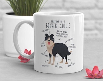 May include: White ceramic mug with a Border Collie illustration and anatomical labels. The design features a black and white dog with text including "Anatomy of a Border Collie" and humorous descriptions. A great gift.