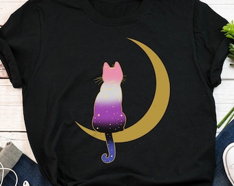 Maglietta Genderfluid Pride, regalo per l'orgoglio non binario, maglietta LGBT, maglietta con bandiera Gender Fluid, LGBTQ, transgender trans, gatto lunare spaziale, gatto nero