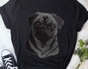 Black Pug Shirt, Women, Men, Cute Pug T-shirt, Dog Lover Gift, Pet Tee, Pug Mom, Pug Dad, Beautiful Head Portrait