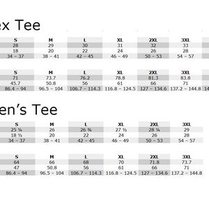 K&ouml;nnte beinhalten: Eine Gr&ouml;&szlig;entabelle f&uuml;r Unisex- und Damen-T-Shirts. Die Tabelle zeigt die L&auml;nge und Breite des Shirts in Zoll und Zentimetern sowie die Brustweite in Zoll und Zentimetern. Die Tabelle umfasst die Gr&ouml;&szlig;en von S bis 5XL.