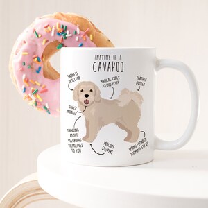 May include: White ceramic mug with a cartoon illustration of a Cavapoo dog. The illustration includes text labels describing the dog's features, such as "magical curly cloud fluff" and "spring-loaded zooming sticks".