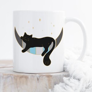 Demiboy Pride Coffee Mug, Demiboy Pride Flag Gift, LGBT Gift, Agender, Nonbinary, Genderqueer Transgender Trans Demiguy Space Moon Black Cat