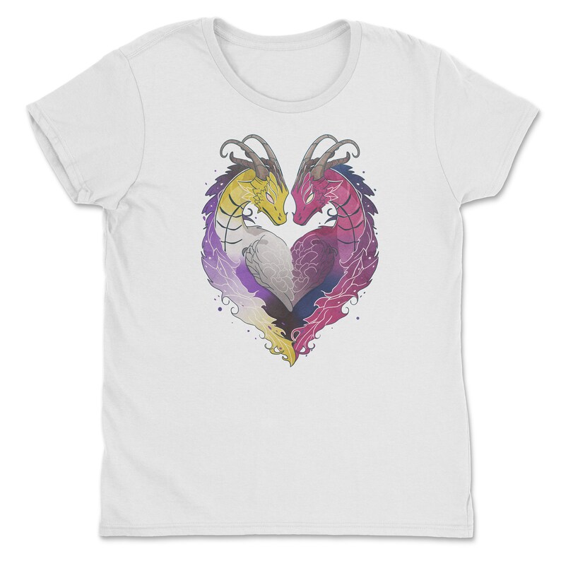 a white t - shirt with two birds in the shape of a heart