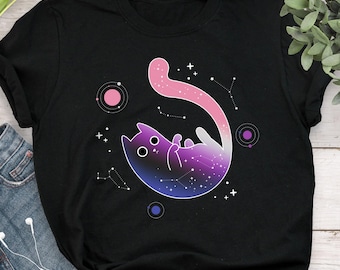 Maglietta Genderfluid Pride, regalo per l'orgoglio non binario, maglietta LGBT, maglietta con bandiera Gender Fluid, LGBTQ, transgender trans, gatto galattico spaziale, gatto nero