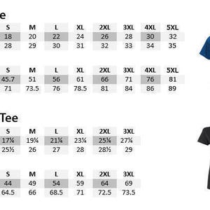 May include: Size chart for unisex and women's t-shirts. The chart shows measurements in inches and centimeters for different sizes, from S to 5XL. The chart includes width and length measurements.