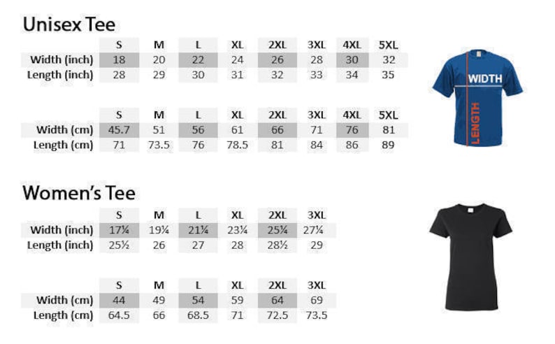 May include: Size chart for unisex and women's t-shirts. The chart shows measurements in inches and centimeters for different sizes, from S to 5XL. The chart includes width and length measurements.