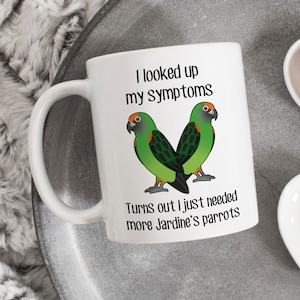 May include: White ceramic mug with a black handle featuring a green and orange parrot design. The mug has the text "I looked up my symptoms. Turns out I just needed more Jardine's parrots."