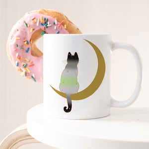 Agender Pride-kaffemugg, Pride-flaggapresent, HBTQ-muggpresent, icke-binär, icke-binär transperson, trans subtil månad, rymdmånekatt, svart katt