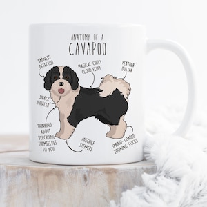 Puede incluir: Taza de cerámica blanca con una ilustración de perro Cavapoo en blanco y negro y etiquetas anatómicas. El texto incluye "Anatomía de un Cavapoo", "Detector de tristeza" y "Nube de rizos mágicos". La taza tiene un asa blanca.