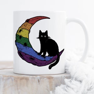 Rainbow Gay Pride Coffee Mug, Rainbow Flag Gift, LGBT Mug, Gay Pride Month Pride Festival, LGBTQ LGBTQIA, Black Cat Moon Celestial Pride Cat