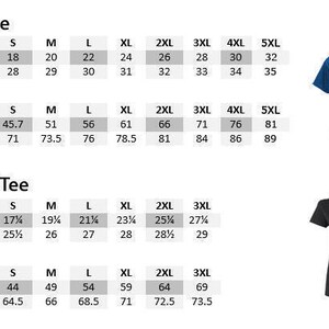 May include: Size chart for unisex and women's t-shirts. The chart shows measurements in inches and centimeters for different sizes, from S to 5XL. The chart includes width and length measurements.