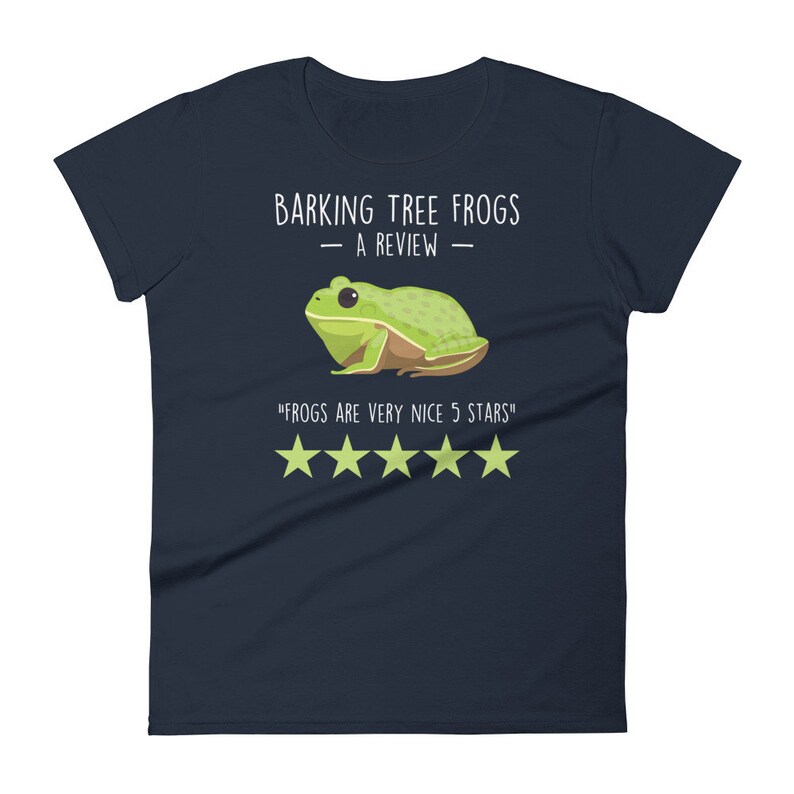 May include: A navy blue t-shirt with a green tree frog illustration and the text "Barking Tree Frogs - A Review - "Frogs are very nice 5 stars" with five gold stars.