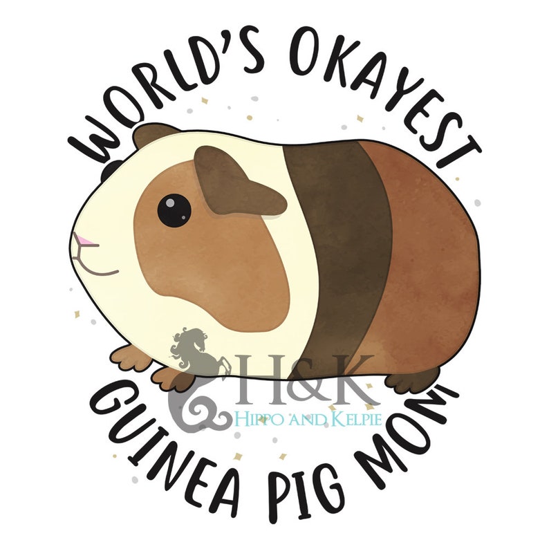 May include: A brown and white guinea pig with a black and brown stripe on its back. The guinea pig is surrounded by gold glitter and the text "World's Okayest Guinea Pig Mom".