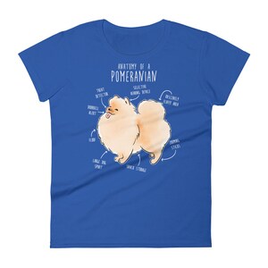 K&ouml;nnte beinhalten: Ein blaues T-Shirt mit einer wei&szlig;en Illustration eines Zwergspitz-Hundes. Die Illustration enth&auml;lt den Text "Anatomy of a Pomeranian" und Beschriftungen f&uuml;r verschiedene K&ouml;rperteile des Hundes.