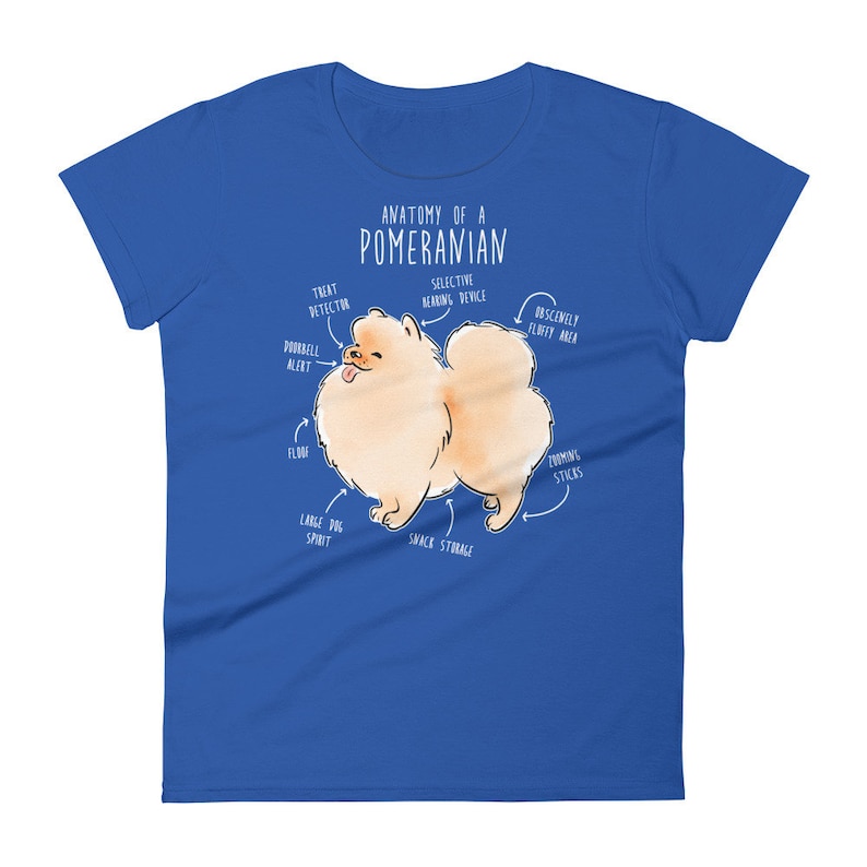 K&ouml;nnte beinhalten: Ein blaues T-Shirt mit einer wei&szlig;en Illustration eines Zwergspitz-Hundes. Die Illustration enth&auml;lt den Text "Anatomy of a Pomeranian" und Beschriftungen f&uuml;r verschiedene K&ouml;rperteile des Hundes.