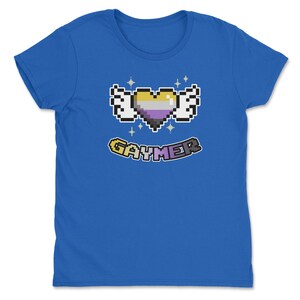 a blue t - shirt with a pixel heart in the middle