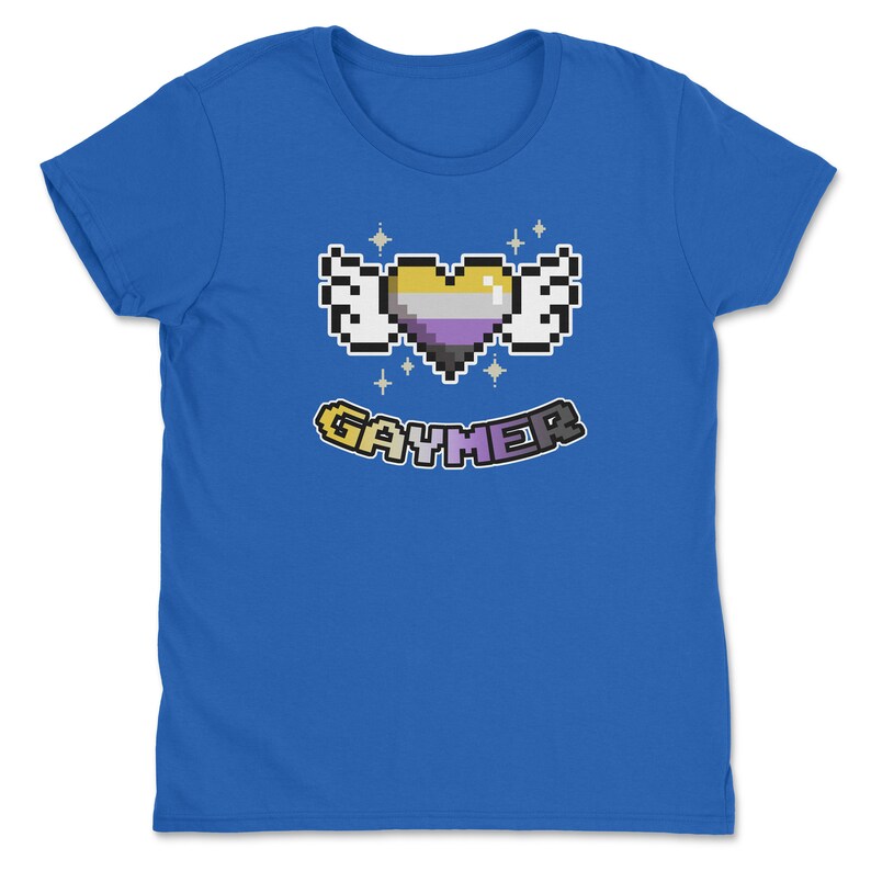 a blue t - shirt with a pixel heart in the middle