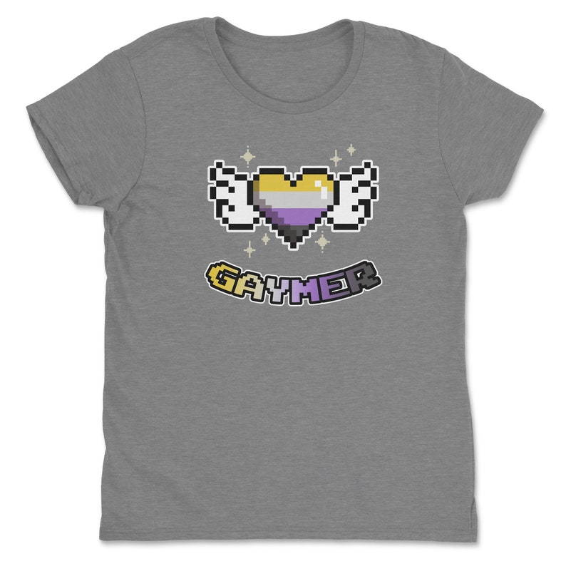 a gray t - shirt with a pixel heart on it