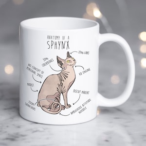 Puede incluir: Taza de cerámica blanca con una ilustración de dibujos animados de un gato sin pelo, un Sphynx, con texto que dice "Anatomía de un Sphynx" y etiquetas para diferentes partes del cuerpo del gato, como "70% Orejas", "Motor V8", "Fabricantes de galletas" y "Noodle de actitud ambigua".