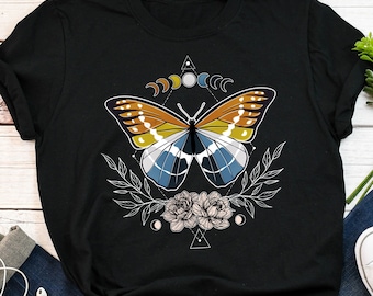 Aroace Pride Shirt, Sonnenuntergang Flagge, Frauen, Männer, Aro Ace Pride Geschenk, LGBT T-Shirt, Gay Pride, Aromantic Asexual, Schmetterling Himmlische Mondphasen