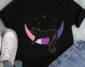 Maglietta Genderfluid Pride, regalo per l'orgoglio non binario, maglietta LGBT, maglietta con bandiera Gender Fluid, LGBTQ, transgender trans, gatto lunare spaziale, gatto nero