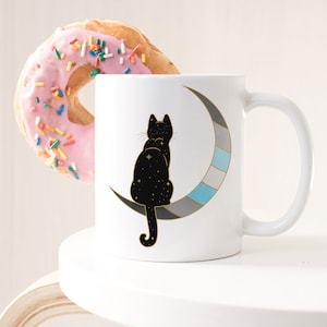 Demiboy Pride Coffee Mug, Demiboy Pride Flag Gift, LGBT Gift, Agender, Nonbinary, Genderqueer Transgender Trans Demiguy Space Moon Black Cat