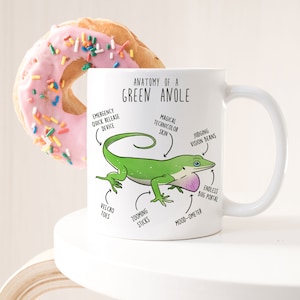 May include: White ceramic mug featuring an illustration of a green anole lizard. The illustration is labelled with humorous anatomical features, such as "magical technicolor skin", "emergency quick release device", and "endless bug portal".