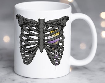 Nonbinary Pride Coffee Mug, Non-Binary Flag Pride Gift, LGBT, Gay Pride, Enby, Transgender Trans Rib Cage Halloween Gothic Alternative Heart