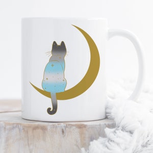 Demiboy Pride Coffee Mug, Demiboy Pride Flag Gift, LGBT Gift, Agender, Nonbinary, Genderqueer Transgender Trans Demiguy Space Moon Black Cat